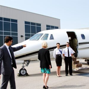 Business professionals greeting near a private jet at an airport.