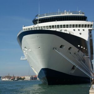 Large cruise ship docked at port on a clear day.