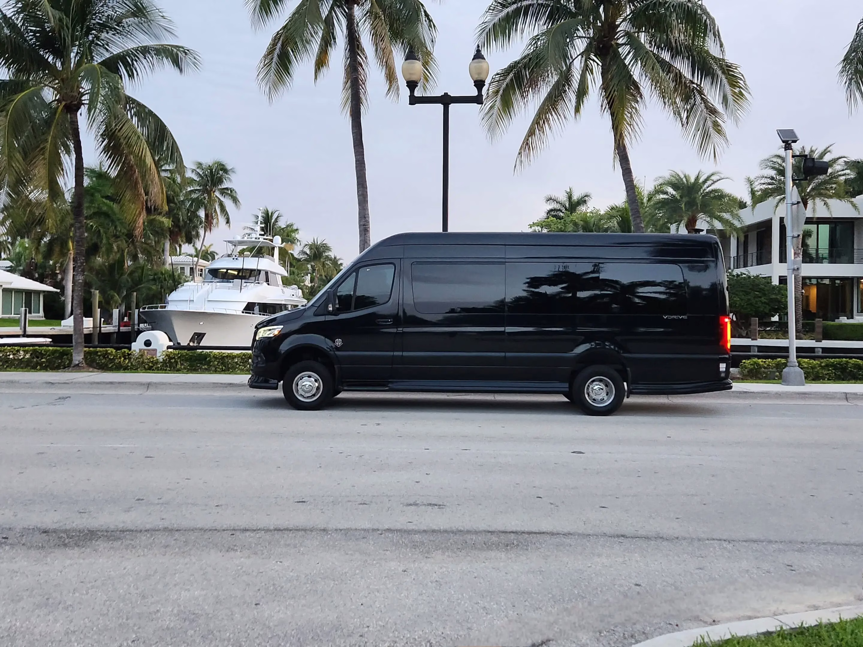 Black van parked on a street with palm trees in the background.